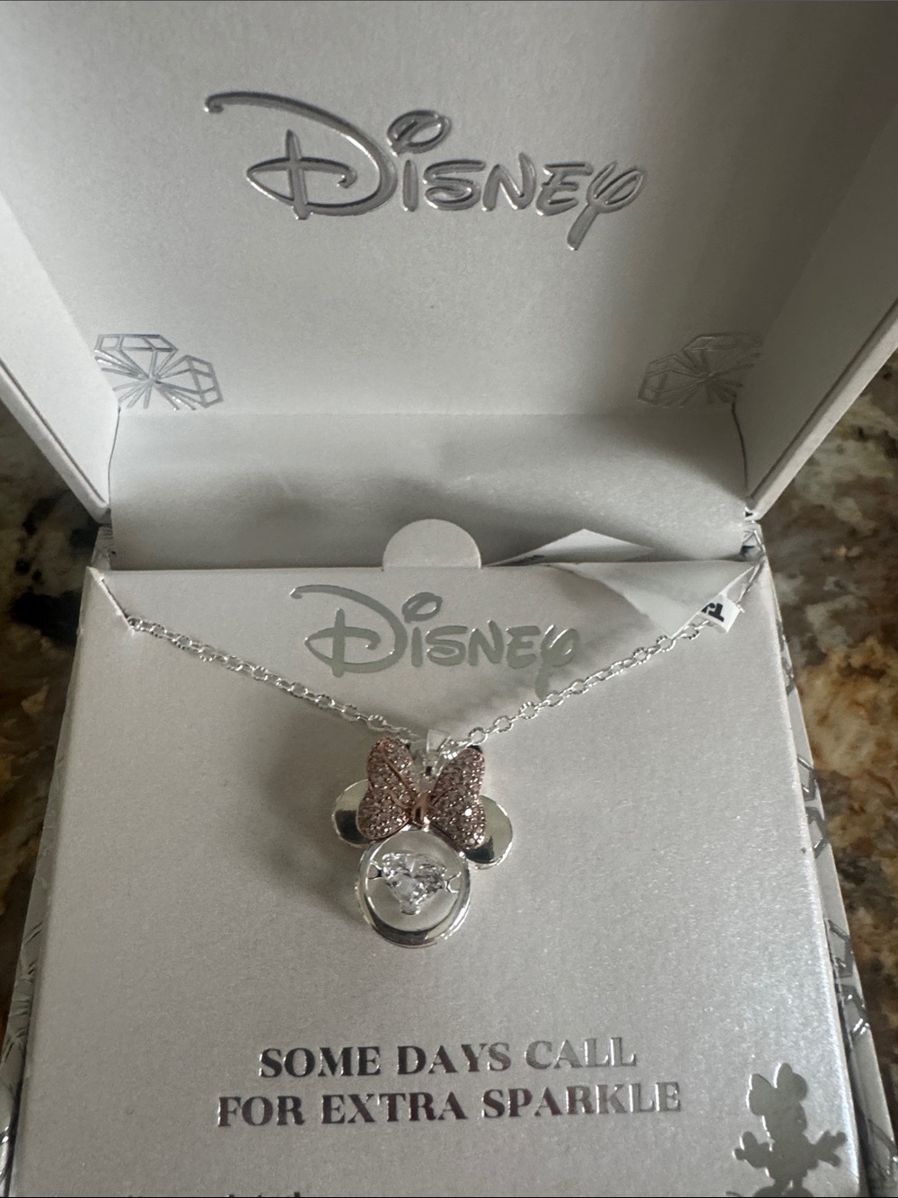 Disney Fine Silver Plated Minnie Necklace with Rose Gold Sparkle Bow